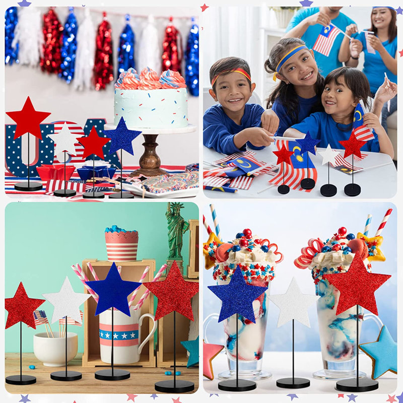 The Holiday Aisle 6 Pcs Independence Day Tall Standing Star Block Set 4Th Of July Glitter Wood Star Sign Decoration Farmhouse Patriotic Table Centerpieces Memorial Day Tabletop Tiered Tray Decor For H...